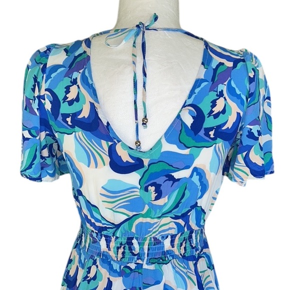Anthropologie Abel the Label Blue Green Floral Print Tie Back Midi Dress - XS - Picture 7 of 13